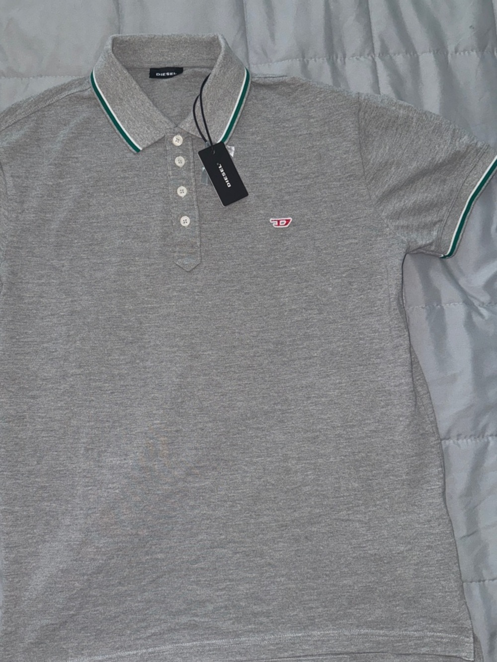 Diesel Grey Polo with Green Trim and Subtle Logo